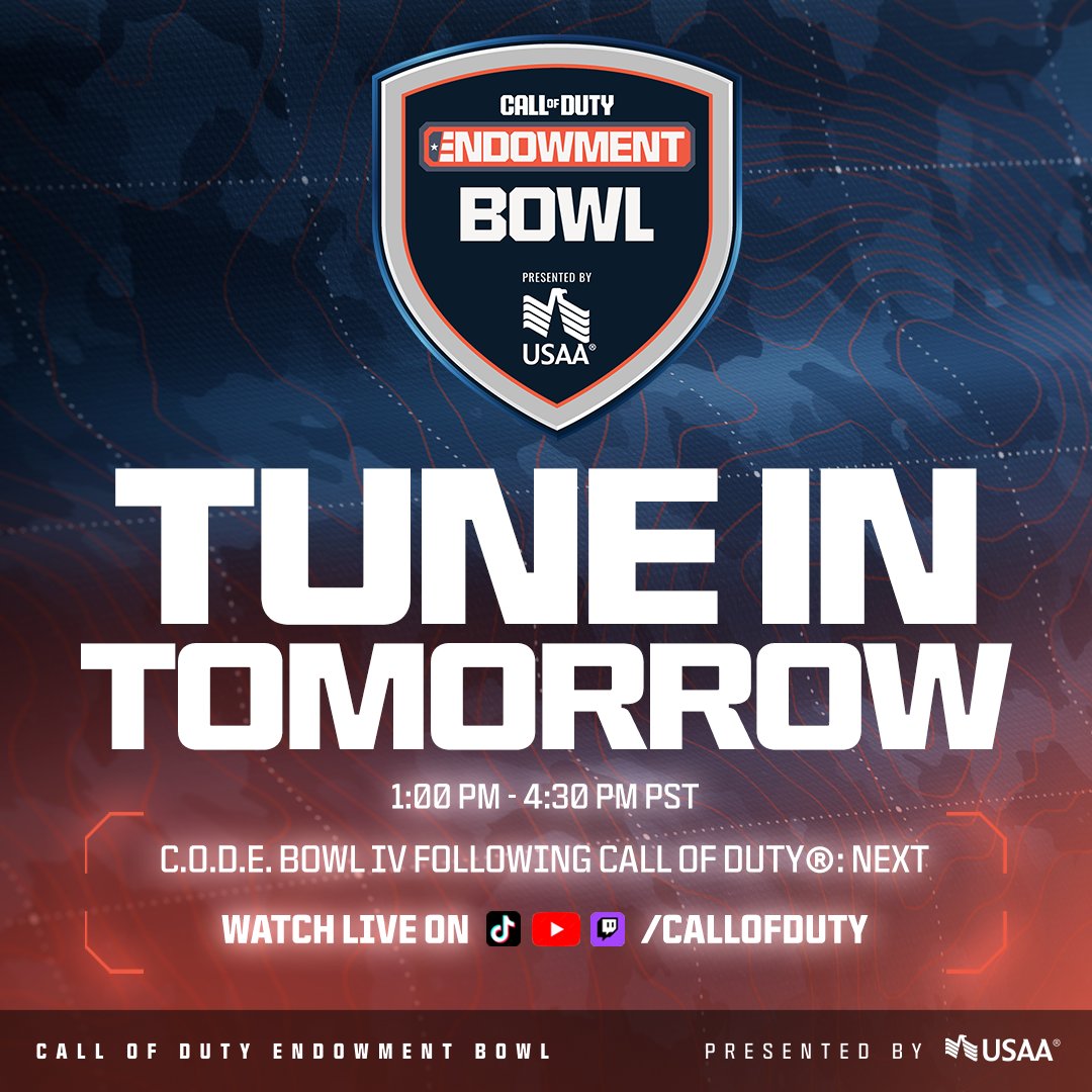 CODE4Vets's tweet photo. Only one day away! #CODEBOWLIV, presented by @USAA will be LIVE from 1 - 4:30 PM PST tomorrow, following #CODNEXT.

We’ll be dropping in-game rewards and giving fans a sneak peek at the first Endowment pack in #MW3. 👀 https://t.co/iPcvVRMH6M