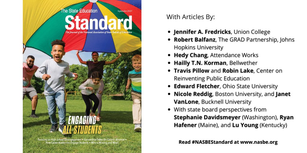 The new #NASBEStandard “Engaging All Students” pinpoints the reasons students feel uninspired and increasingly disengaged from school. Authors urge state leaders to take action to reengage students in learning. nasbe.org/engaging-all-s…