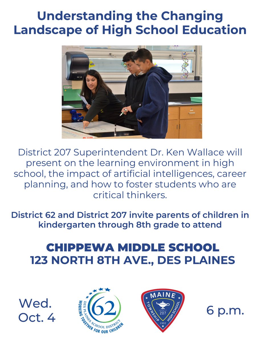 62schools's tweet photo. Parents! Come to Chippewa Middle School TONIGHT at 6:00PM to hear D207 Superintendent Dr. Ken Wallace's presentation, "Understanding the Changing Landscape of High School Education." We hope to see you there! #62learns #62united #62CMS https://t.co/bPuTUw5eXx