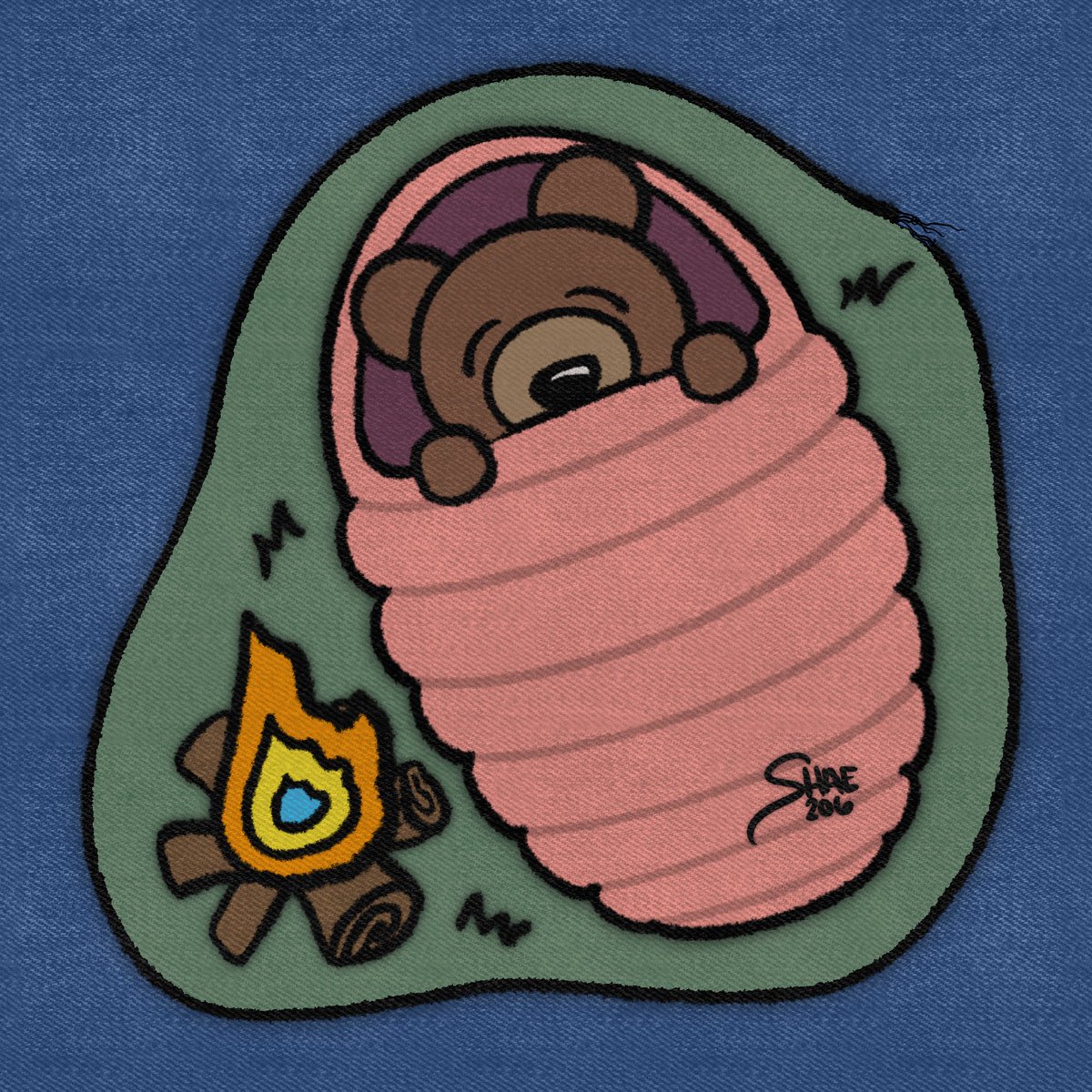 Shae206's tweet photo. Inktober: Oct 4 - Animal sleeping 😴❤️🐻 #alexandrasillosinktober #alexandraspookfest #alexandrasillosinktober2022  #digitalart #art #illustration #patchart #patches #patch #patchaplique #bear #snooze #camping #sleepingbag #hibernation https://t.co/wFLnw79JZM