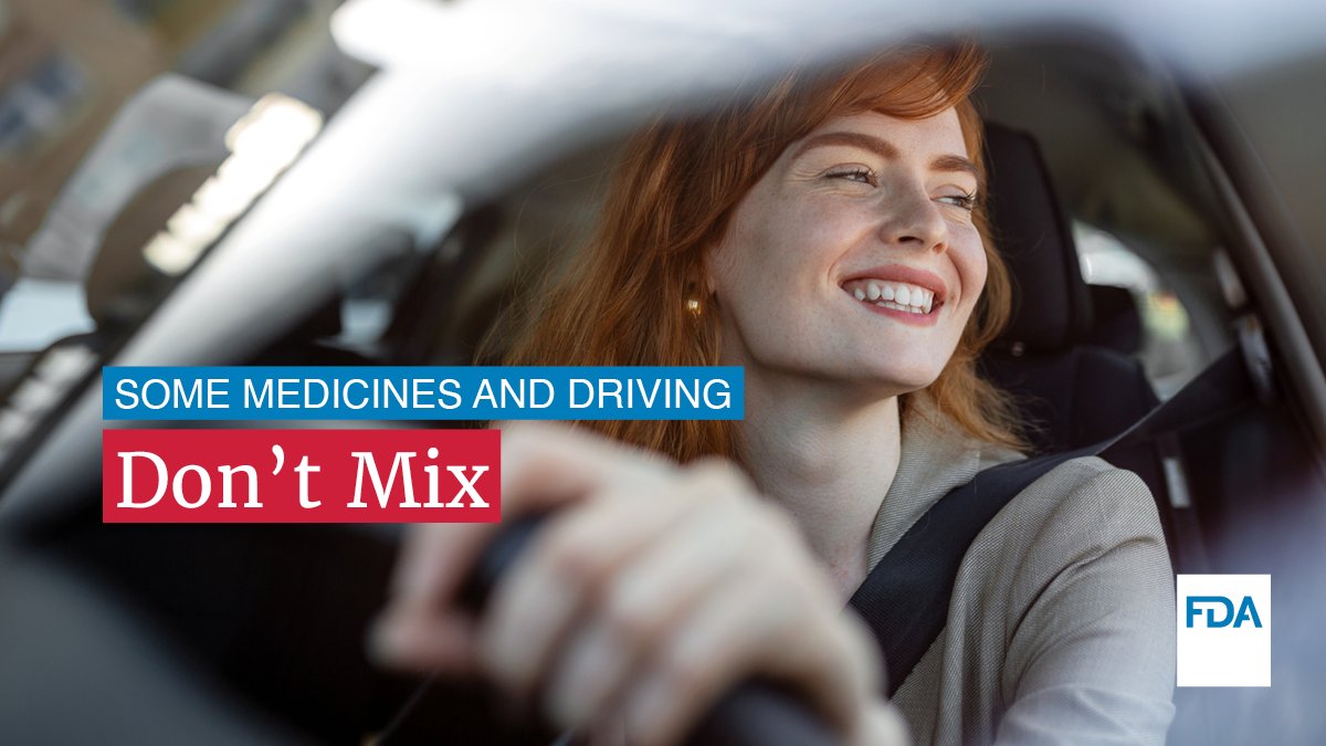 FDADrugs's tweet photo. If you’re taking a medication, is it safe to drive?
Most likely, yes. However, some medications may have side effects that make it unsafe to drive, like drowsiness, blurred vision, or dizziness.
Find out more ➡️ https://t.co/ZH0V7gABjz
#DriveSafelyWorkWeek https://t.co/2x3ZMD5MzB