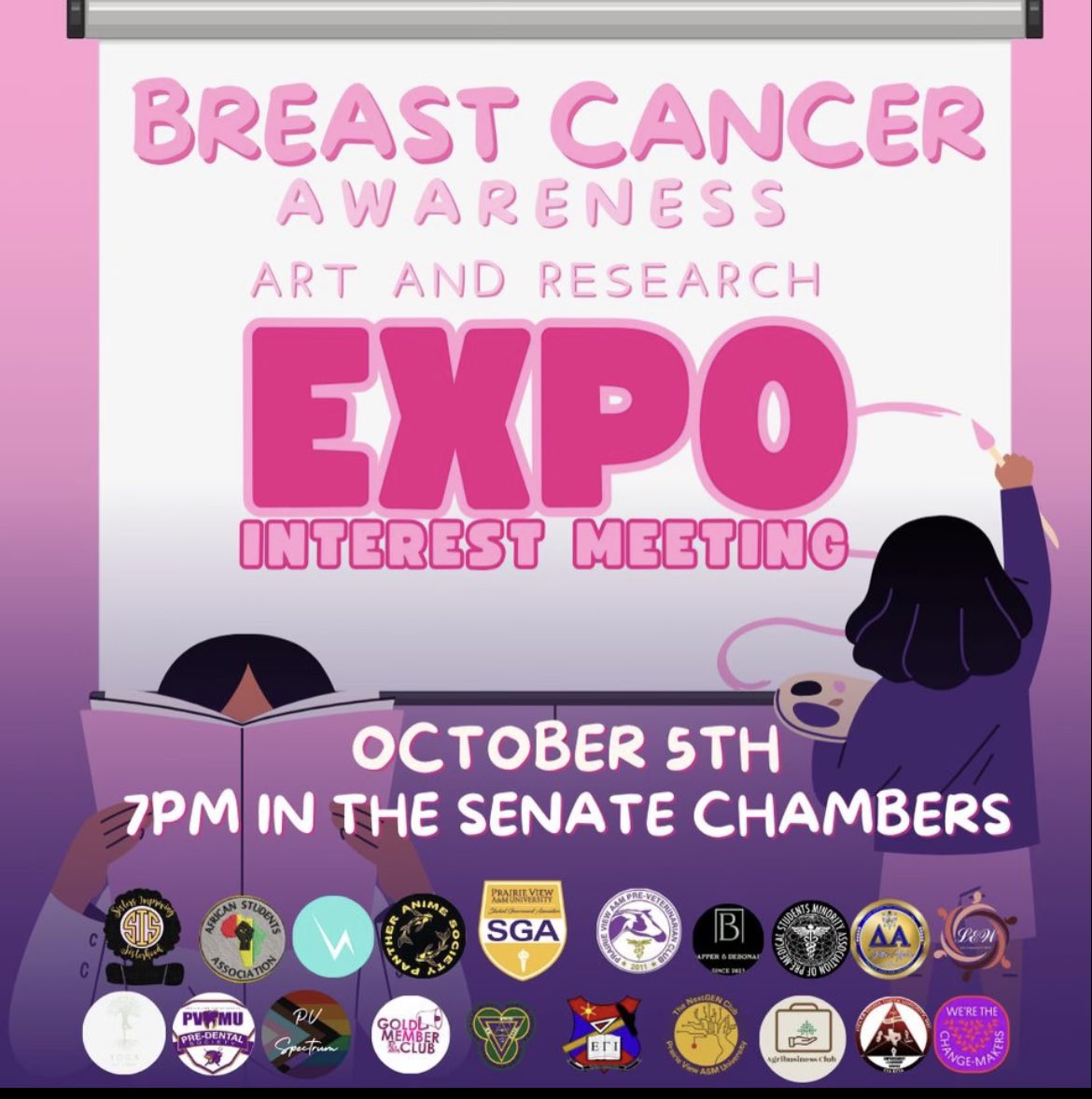 DNW_PVAMU's tweet photo. Are you interested in conducting research or creating art about breast cancer? Be sure to attend the Breast Cancer Expo Interest Meeting on October 5th at 7PM in the Senate Chambers. People who participate in the Expo will be receiving a special gift. 🤍 https://t.co/AWnYm7VRiH