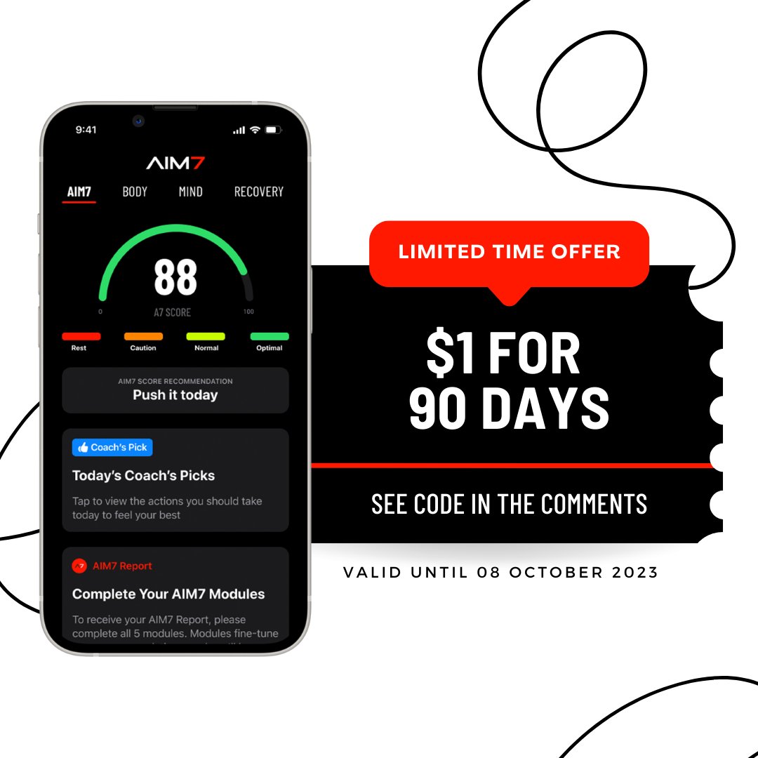 Aim7Inc's tweet image. For a limited time until Sunday, October 8 at 11:59 pm, get an exclusive 7-day free trial, followed by a special rate of just $1 for your first 90 days. Unlock this unbeatable offer with promo code 90FOR1 on the AIM7 website.

#AIM7 #DataDrivenFitness #HealthAndWellnessApp