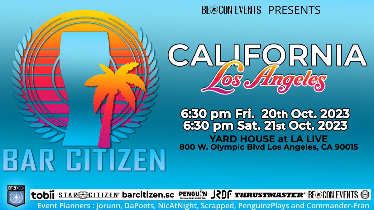 Beacon Events (@beacon_belgium) on Twitter photo Beacon Events co-organise son premier événement aux USA! 🌴
Et quoi de mieux qu'un #BarCitizen à Los Angeles pendant la #citizencon2953 pour cela!
➡️Le vendredi 20 et Samedi 21 Octobre au ''Yard House"
Notre <a href="/commander_fran/">Commander-Fran</a> sera sur place, alors rejoignez-nous!
#StarCitizen Beacon Events co-organise son premier événement aux USA! 🌴
Et quoi de mieux qu'un #BarCitizen à Los Angeles pendant la #citizencon2953 pour cela!
➡️Le vendredi 20 et Samedi 21 Octobre au ''Yard House"
Notre <a href="/commander_fran/">Commander-Fran</a> sera sur place, alors rejoignez-nous!
#StarCitizen