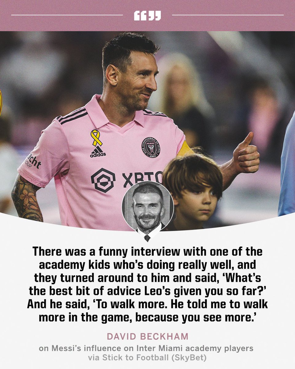 ESPNFC's tweet photo. David Beckham says that Messi told one of the academy kids to 'walk more, because you see more' 😂 https://t.co/S1UxEcUPY7