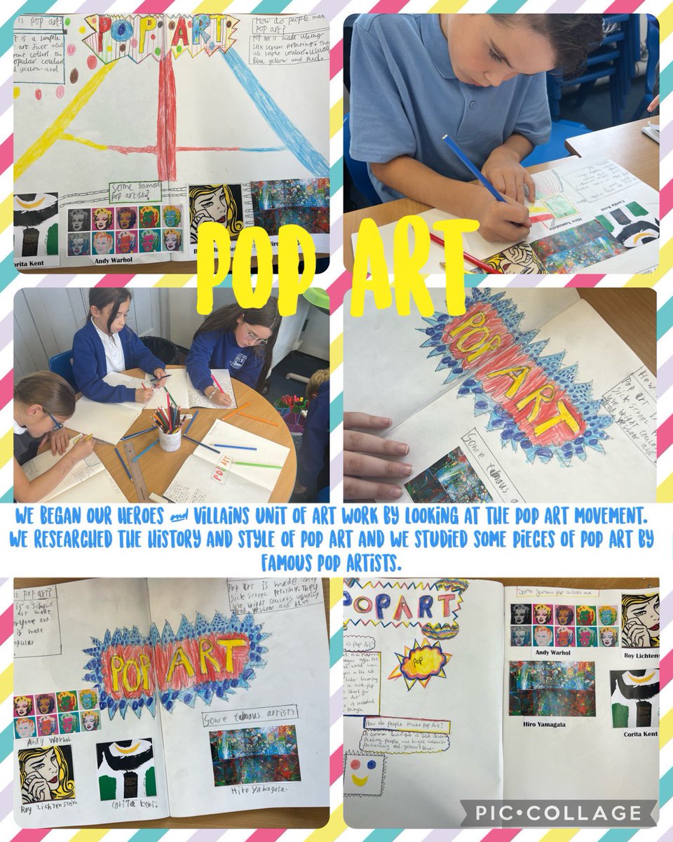 MrsKehoeHead's tweet photo. IA 3.1 

Purple Class started their Heroes &amp; villains unit of art work by looking at the pop art movement. We researched the history and style of Pop Art and we studied some pieces of Pop Art by famous Pop Artists. @LlangynwydS https://t.co/8s1KWbXuKw
