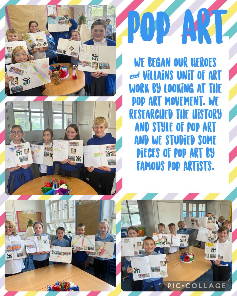 MrsKehoeHead's tweet photo. IA 3.1 

Purple Class started their Heroes &amp; villains unit of art work by looking at the pop art movement. We researched the history and style of Pop Art and we studied some pieces of Pop Art by famous Pop Artists. @LlangynwydS https://t.co/8s1KWbXuKw