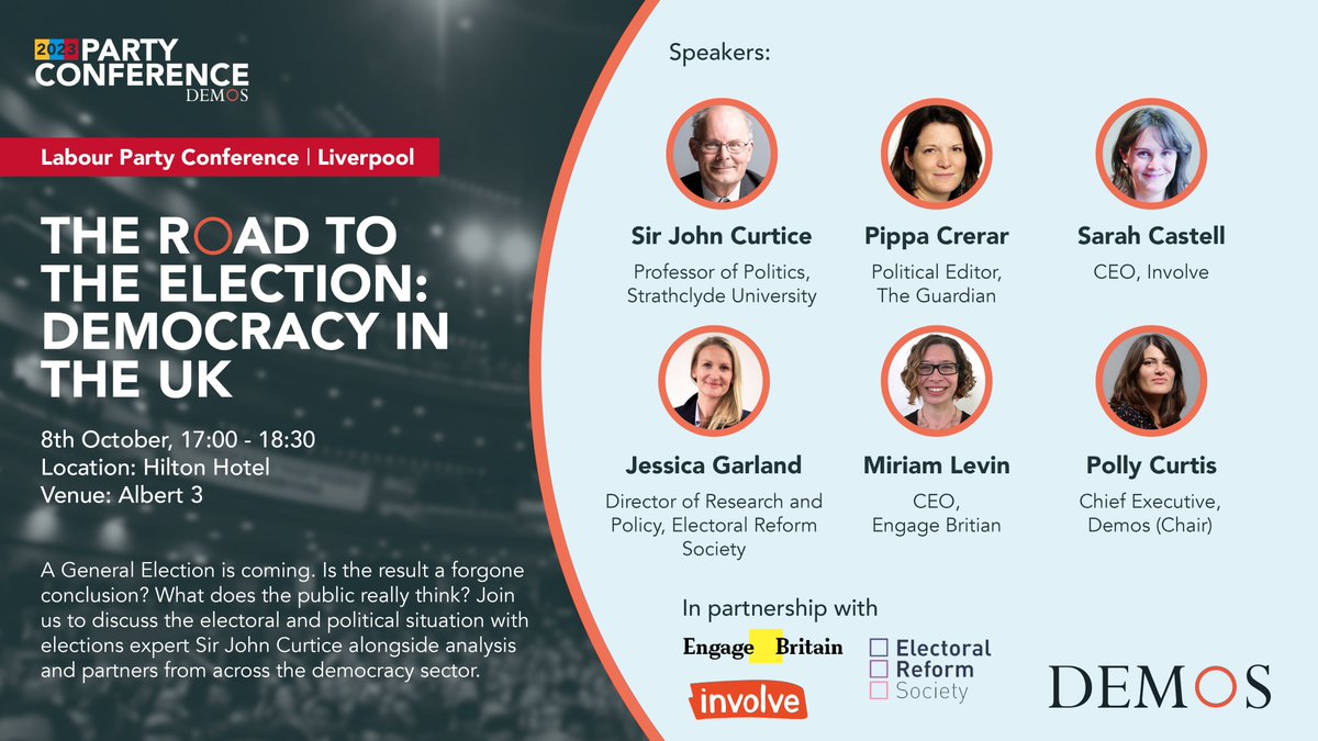 🚨Join Demos at Labour party conference.

Our opening event will feature polling expert Sir John Curtice, where we'll be discussing where public opinion is on Labour.  

🗣️<a href="/PippaCrerar/">Pippa Crerar</a>, <a href="/sarahcastell/">Sarah Castell</a>, <a href="/MiriamLevin1/">Miriam Levin</a> &amp; <a href="/JessicaJGarland/">Jessica Garland</a> 

You can also join us live on YouTube📺