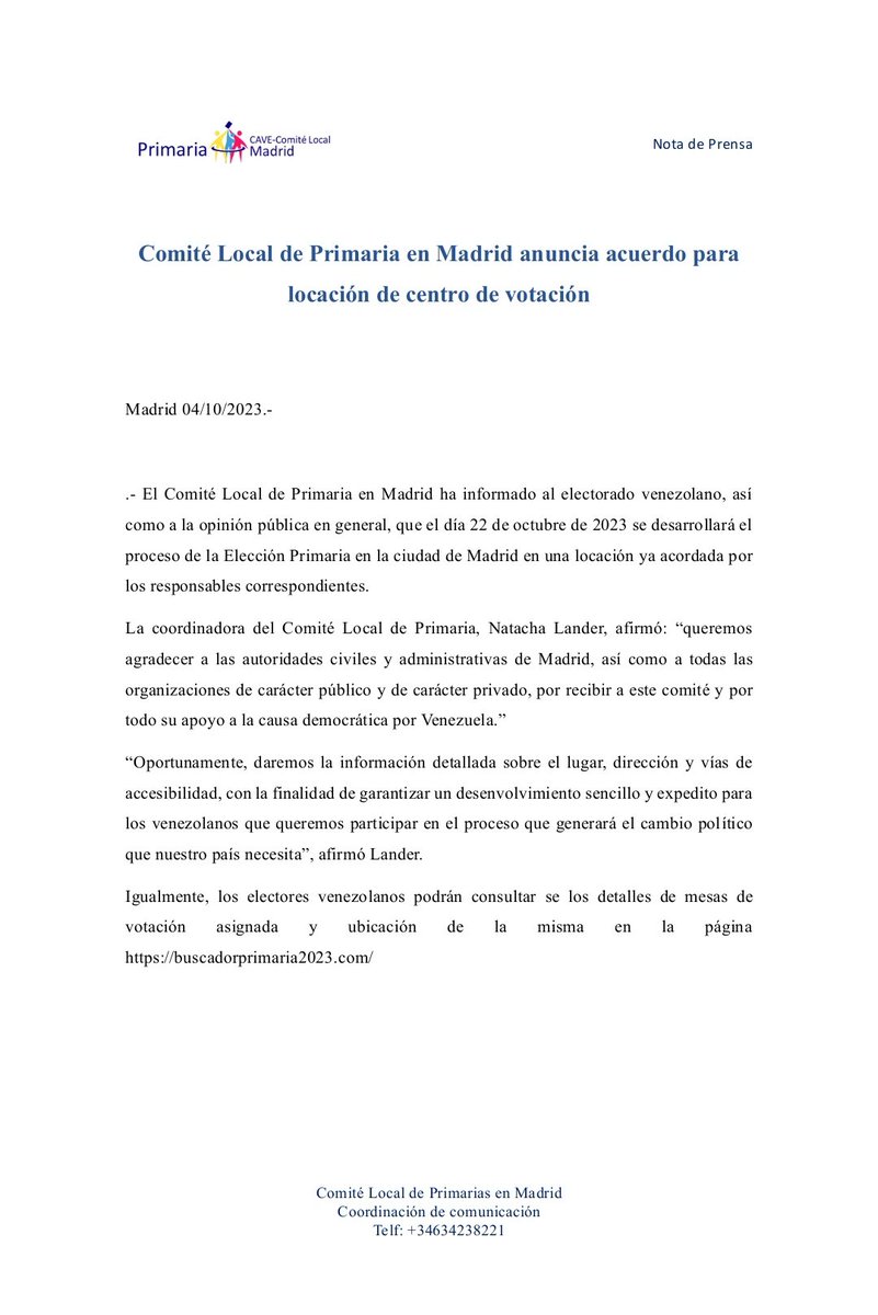 Venezolanos en Madrid votarán el 22 de octubre. 

Comité Local para la Primaria en Madrid, España, confirma que llegaron a un acuerdo para contar con una locación en la que connacionales que viven en esta ciudad participen en la Elección Primaria 🇻🇪🗳️🇪🇦