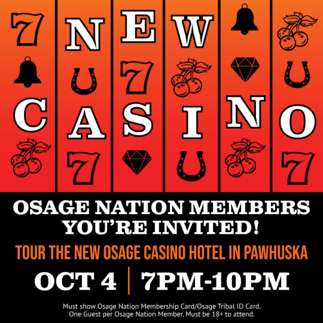 Osage tribal member preview of the new Pawhuska Osage Casino is today! 🎉🏨 Remarks from tribal leaders will begin at 6 p.m. Join in on the fun at 1421 John Dahl Ave., Pawhuska, OK 74056, the fun lasts until 10 p.m. #OsageCasinos #PawhuskaOpening #OsageCasinosPawhuska