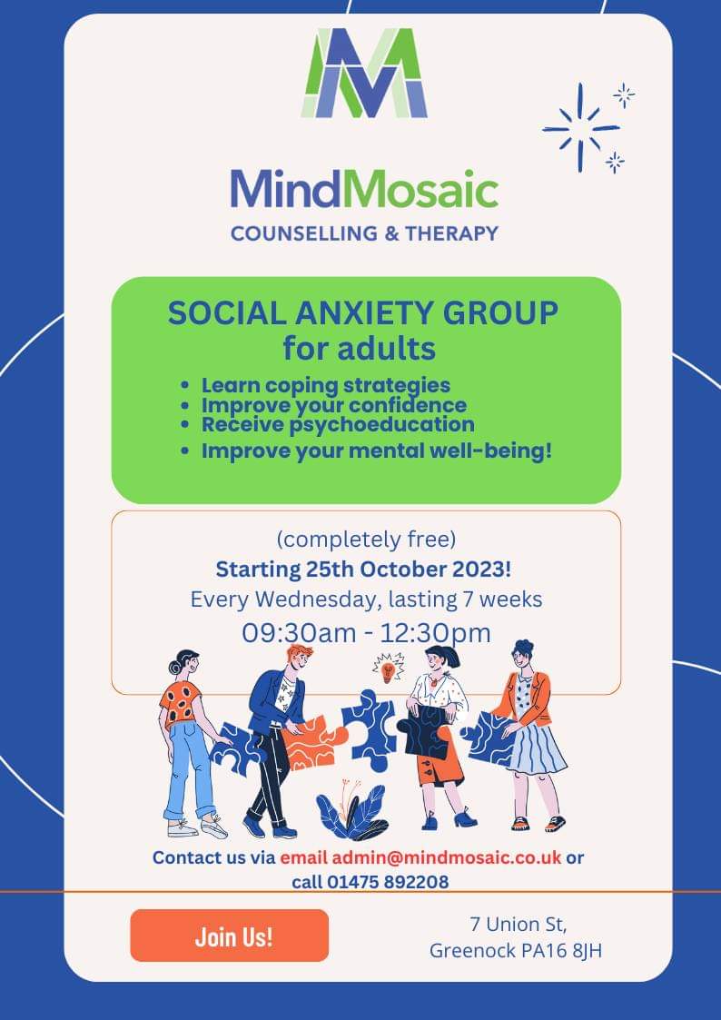 A free 7 week course if you (or someone you know) suffers from social anxiety

It could change their life

#MentalHealth <a href="/_Mindmosaic/">MindMosaic Counselling & Therapy</a>
