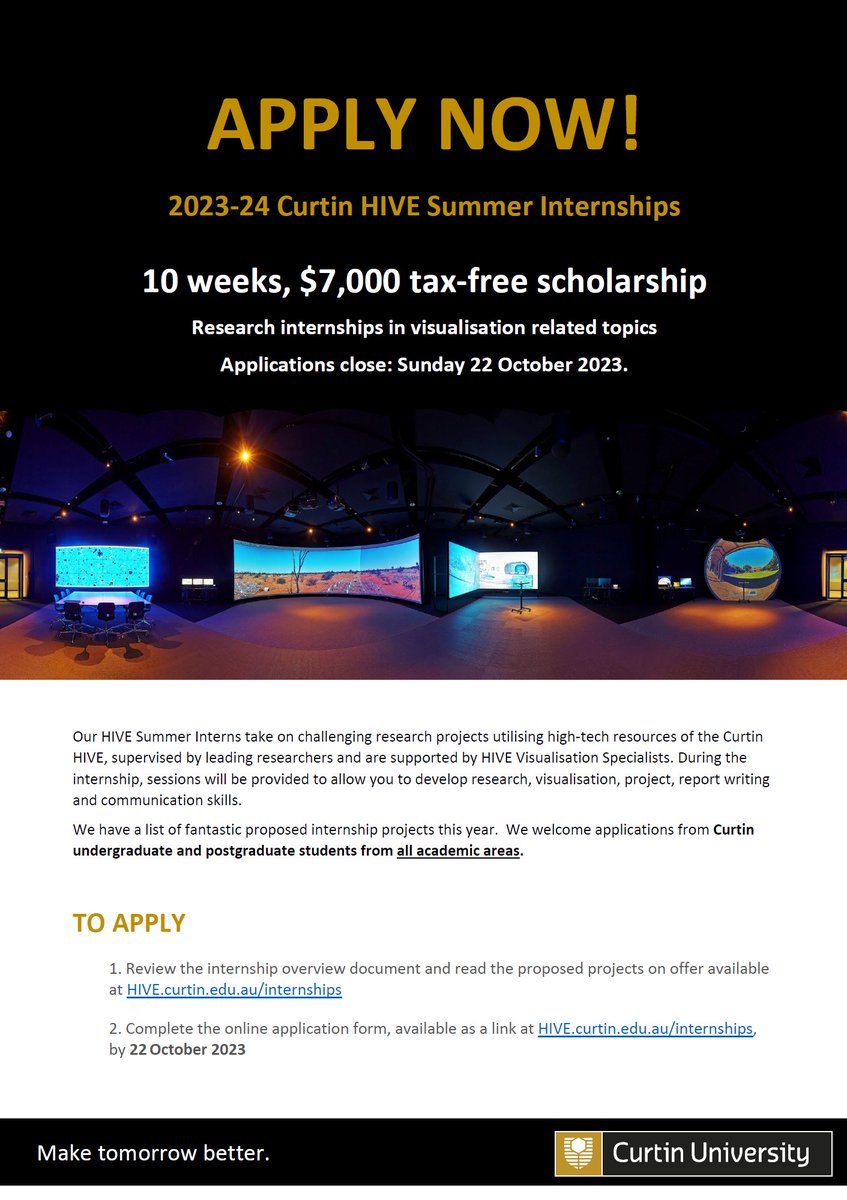 Curtin University students are encouraged to apply for the HIVE Summer Internship Program.
10 weeks, $7k scholarship, valuable visualisation research experience.
Apply here:  hive.curtin.edu.au/internships
Applications due 22 October 2023.
<a href="/CurtinUni/">Curtin University</a>