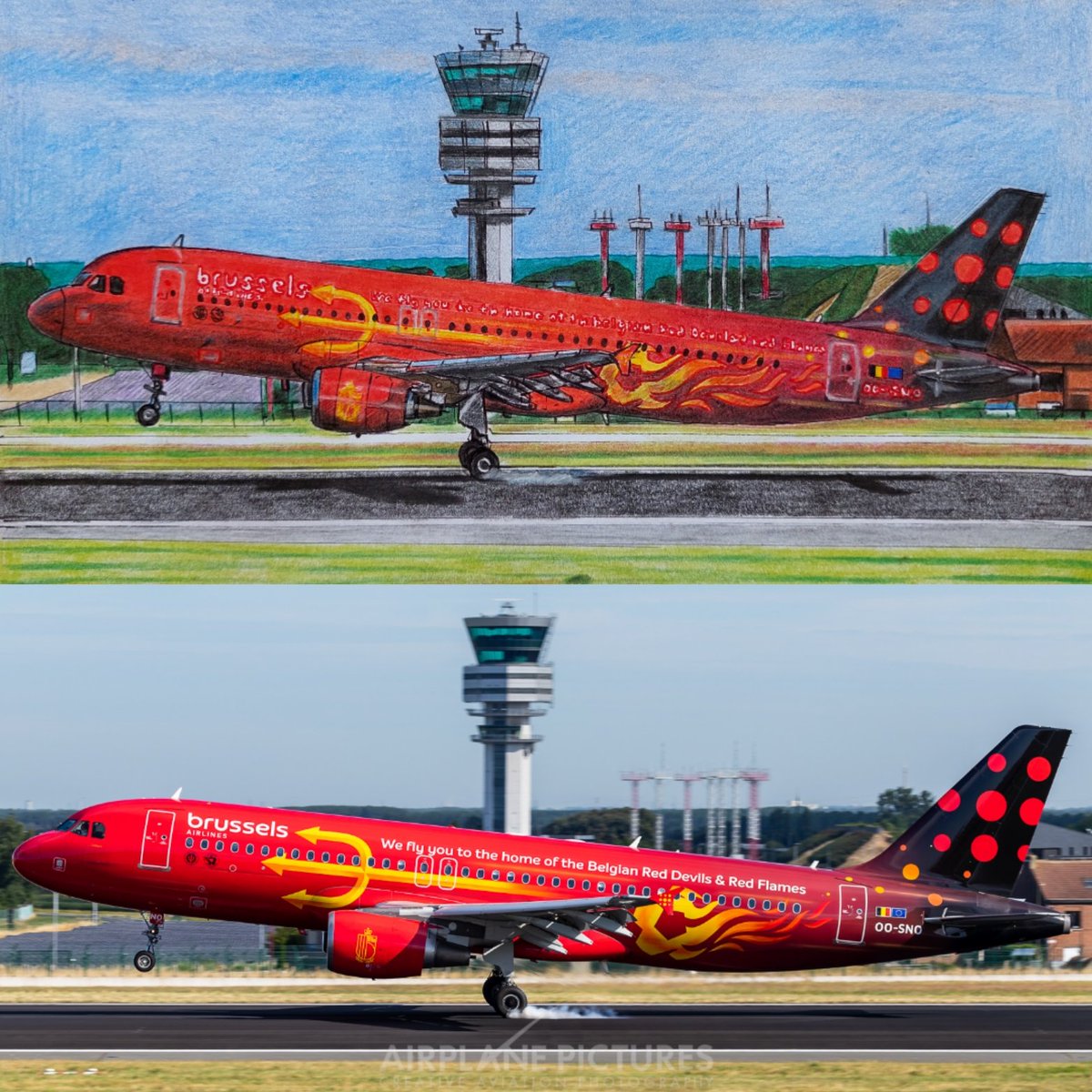 My today's artwork vs real photo taken by Igor Cybulski 📸 of @FlyingBrussels OO-SNO Airbus A320-214 in the 'Red Devils' livery landing at @BrusselsAirport 🇧🇪🛬🔱 
#BrusselsAirlines @BelRedDevils #BelgianRedDevils #Belgium #drawing #A320 #Airport #airportlook #WingWednesday
#art