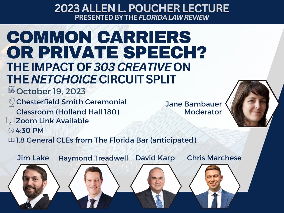 The U.S. Supreme Court's 303 Creative decision -- and its impact upon Texas and Florida cases that the Court last week agreed to review -- will be discussed at a @UFLawReview lecture on October 19. @TLoLawFirm's Jim Lake will be among the panelists.