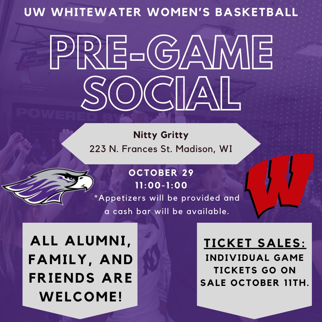 ‼️Save The Date ‼️ The Warhawks will be taking on the Wisconsin Badgers on Sunday, October 29th at 1:00PM @ the Kohl Center.

UW-Whitewater Pregame Social
Location: Nitty Gritty ( upstairs )
Date: October 29th, 2023
Time: 11:00-1:00PM

Tickets to the game: uwbadgers.com/sports/2015/8/…
