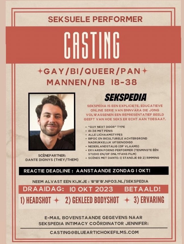 Hey, for male/non binary (masc) folks best based in Amsterdam (or nearby) who speak perfect Dutch, details below. Not my production but I approve :)