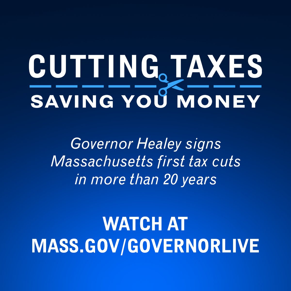 It’s been 20 years since Massachusetts cut taxes. That ends today. Soon, I’ll sign real relief for families, seniors, renters, and more into law. Join us at mass.gov/GovernorLive.