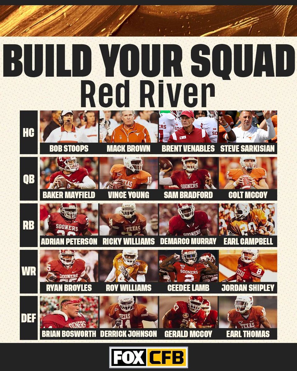 CFBONFOX's tweet image. Plenty of legends have taken the field in the Red River  Showdown 🔥

Who are you putting on your squad? 🤩