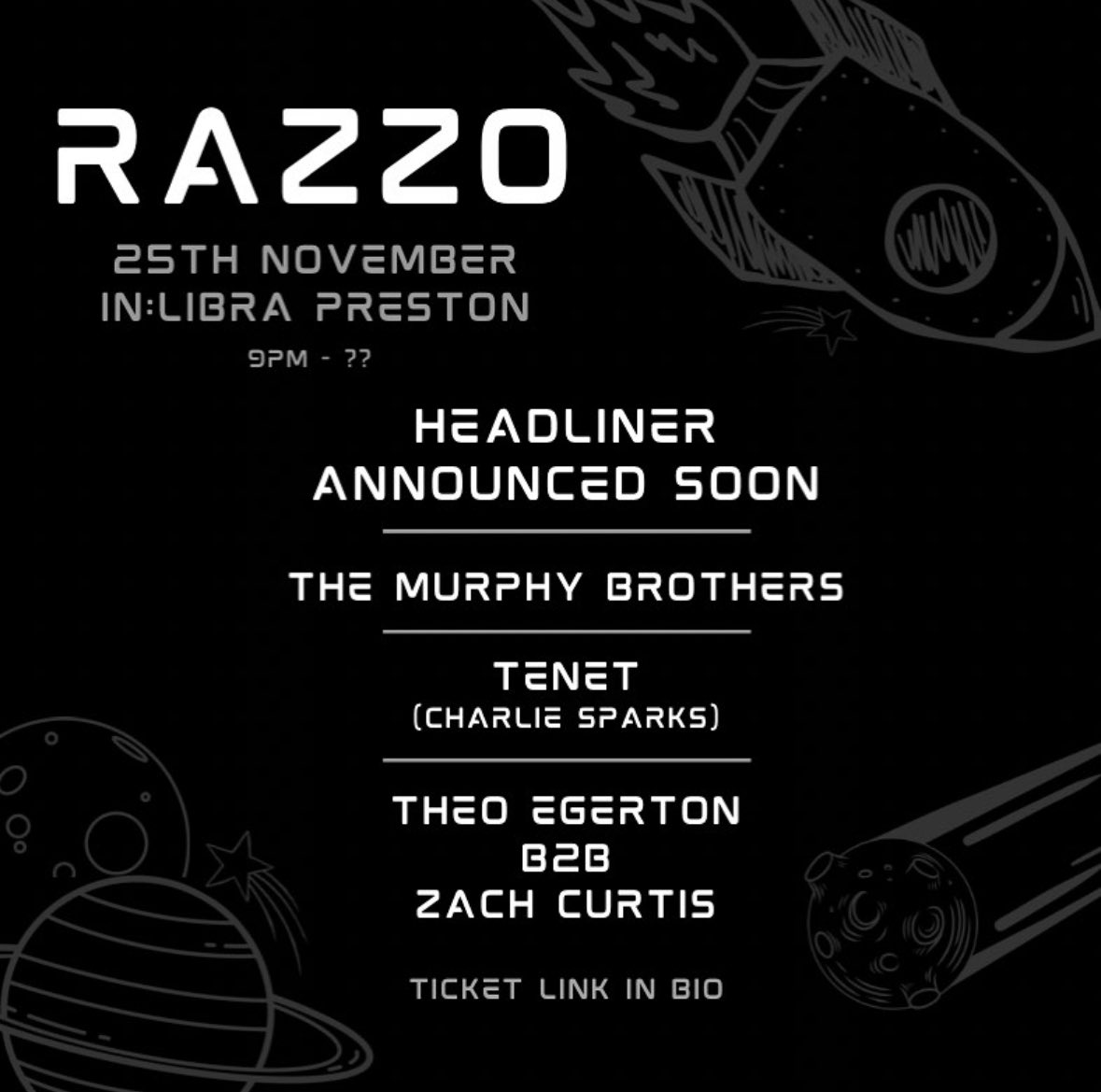 🚨🚨 First announcement for the first ever Razzo event 🚀🚀

Currently finalising the headliner but let’s just say the selecta has come off a summer of playing some of the best events around atm ! 

Hoping to see you all in the mixer ! 🫡

🎟️ Ticket link below