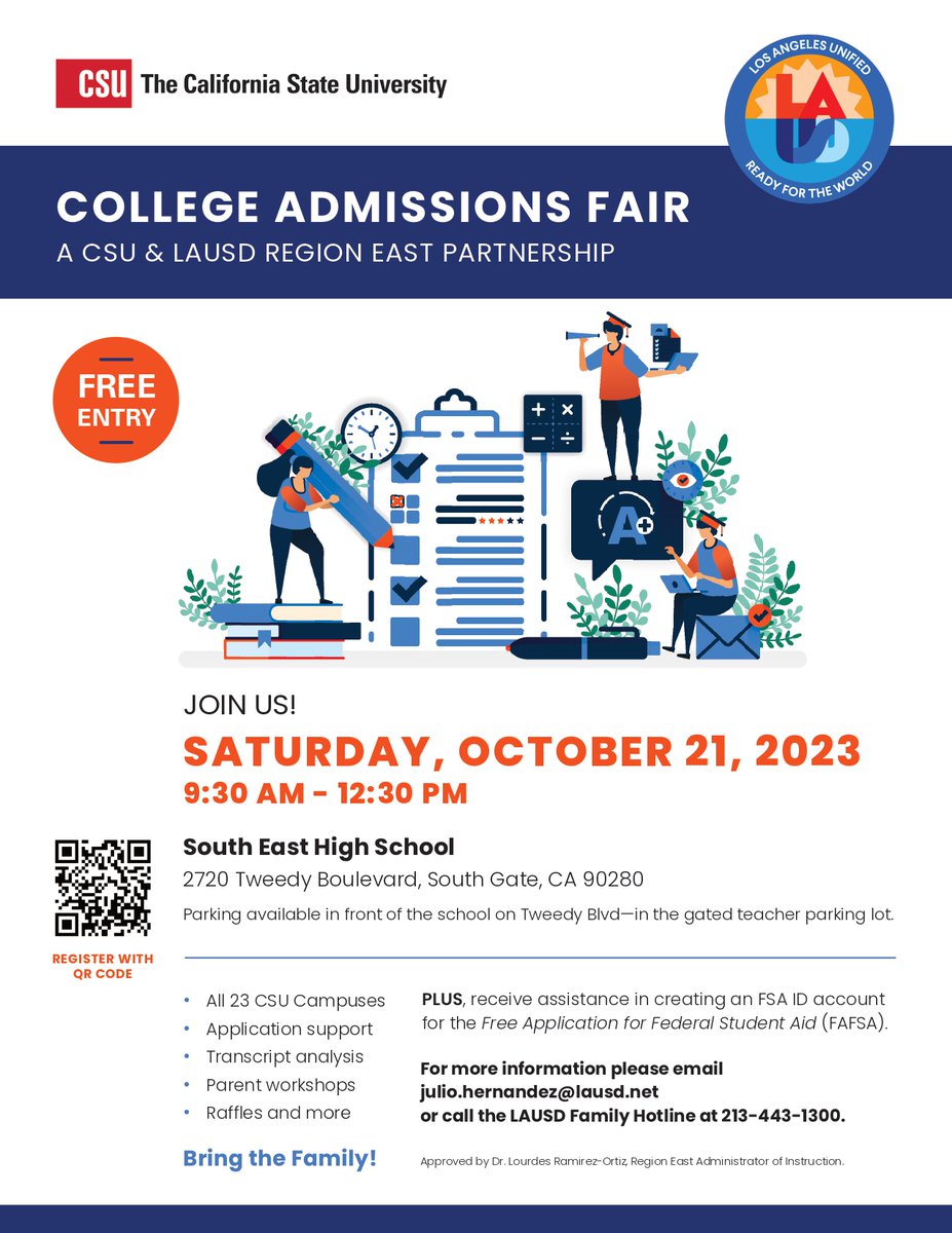 COLLEGE ADMISSIONS FAIR A CSU &amp; LAUSD REGION EAST PARTNERSHIP 10/21/23
Don't miss this fantastic event to kick start your college journey, explore information on all 23 CSU campuses, application support, parent workshops, raffles, and more.