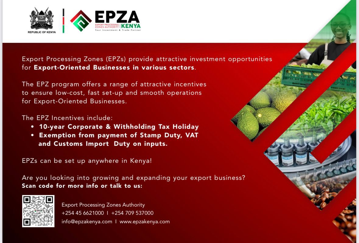 Looking into growing and expanding your export business? Think the EPZ program @KenInvest <a href="/MakeItKenya/">Kenya Export Promotion and Branding Agency</a> <a href="/KenyaGovernors/">Council of Governors</a> <a href="/MITI_ke/">PDM</a> <a href="/Investment_Ke/">State Department for Investment Promotion</a> <a href="/TheAbojani/">Abojani Investment 🇰🇪🇺🇬🇹🇿</a> <a href="/IndustryKE/">IndustryKE</a> <a href="/Trade_Kenya/">Trade Kenya</a> <a href="/ForeignOfficeKE/">State Department for Foreign Affairs | Kenya</a> <a href="/theinside_entre/">The Inside Entrepreneur, Kenya</a> <a href="/Diaspora_KE/">State Department for Diaspora Affairs | Kenya</a> @lindachepkwony6