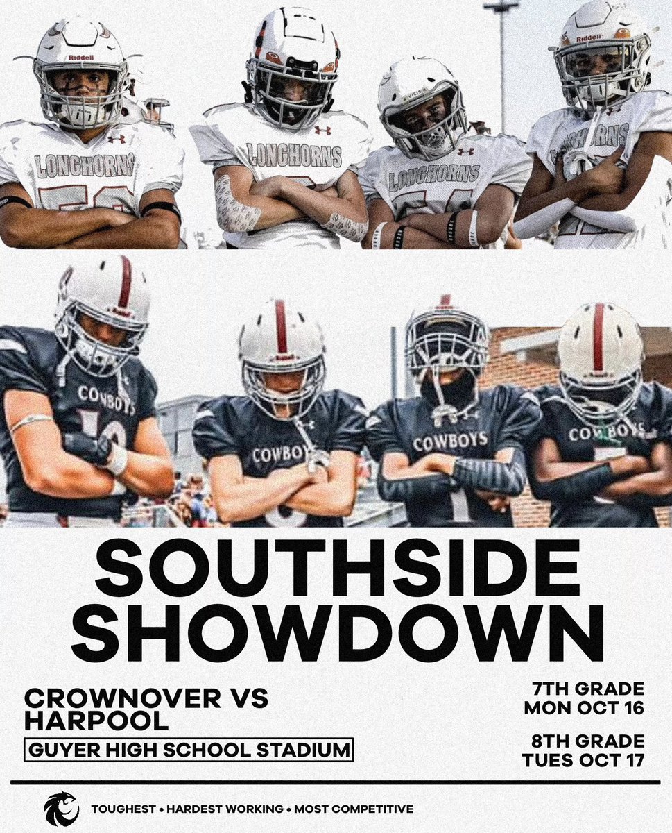 Make your plans! 

𝗦𝗢𝗨𝗧𝗛𝗦𝗜𝗗𝗘 𝗦𝗛𝗢𝗪𝗗𝗢𝗪𝗡
𝘊𝘳𝘰𝘸𝘯𝘰𝘷𝘦𝘳 𝘷𝘴 𝘏𝘢𝘳𝘱𝘰𝘰𝘭
🗓️ Oct 16 &amp; 17
📍Guyer 

Where the championship development begins! 

#Southside |#DifferentBreed