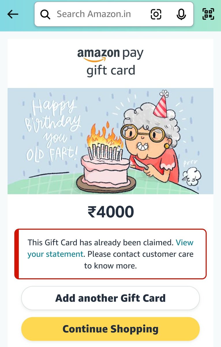 _nanditapaul's tweet photo. @amazonIN @AmazonHelp Extremely frustrating experience with gift cards. I purchased a ₹4000 gift card for myself and tried redeeming it on my account. Due to a system glitch, my account said it was redeemed but the money hasn't hit my account. No resolution since Sep22 https://t.co/zICeqRQcXL
