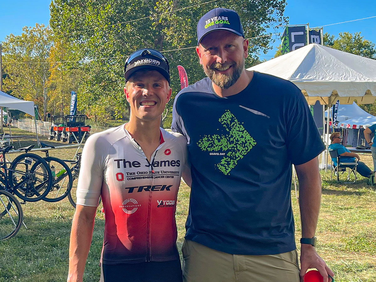 Thanks to @IRONMANtri standout and @OhioStateMed student @MD_Marquardt1 for taking time out of his VERY busy schedule to join @Pelotonia President Joe Apgar and fellow riders and volunteers for last weekend's inaugural Gravel Day event.