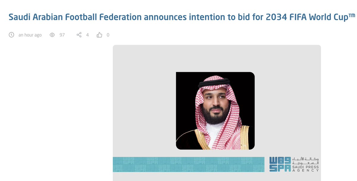 1st FIFA announces the 2030 World Cup will be played on 3 (!) continents. Per FIFA rules, no continent can have two consecutive WCs. Hours later, Saudi Arabia announces its intention to bid for the 2034 World Cup. What a coincidence! Almost as if it had been planned that way!