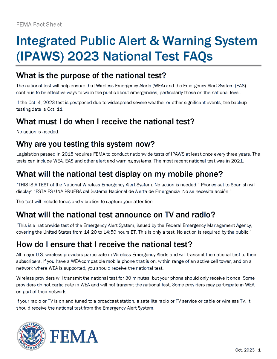 fema's tweet photo. SOON: The nationwide emergency alert test will begin at 2:20 p.m. ET. Wireless providers will transmit the national test for 30 minutes, but your phone should only receive it once.

Frequently Asked Questions ⤵️ https://t.co/BIIFGylQsw