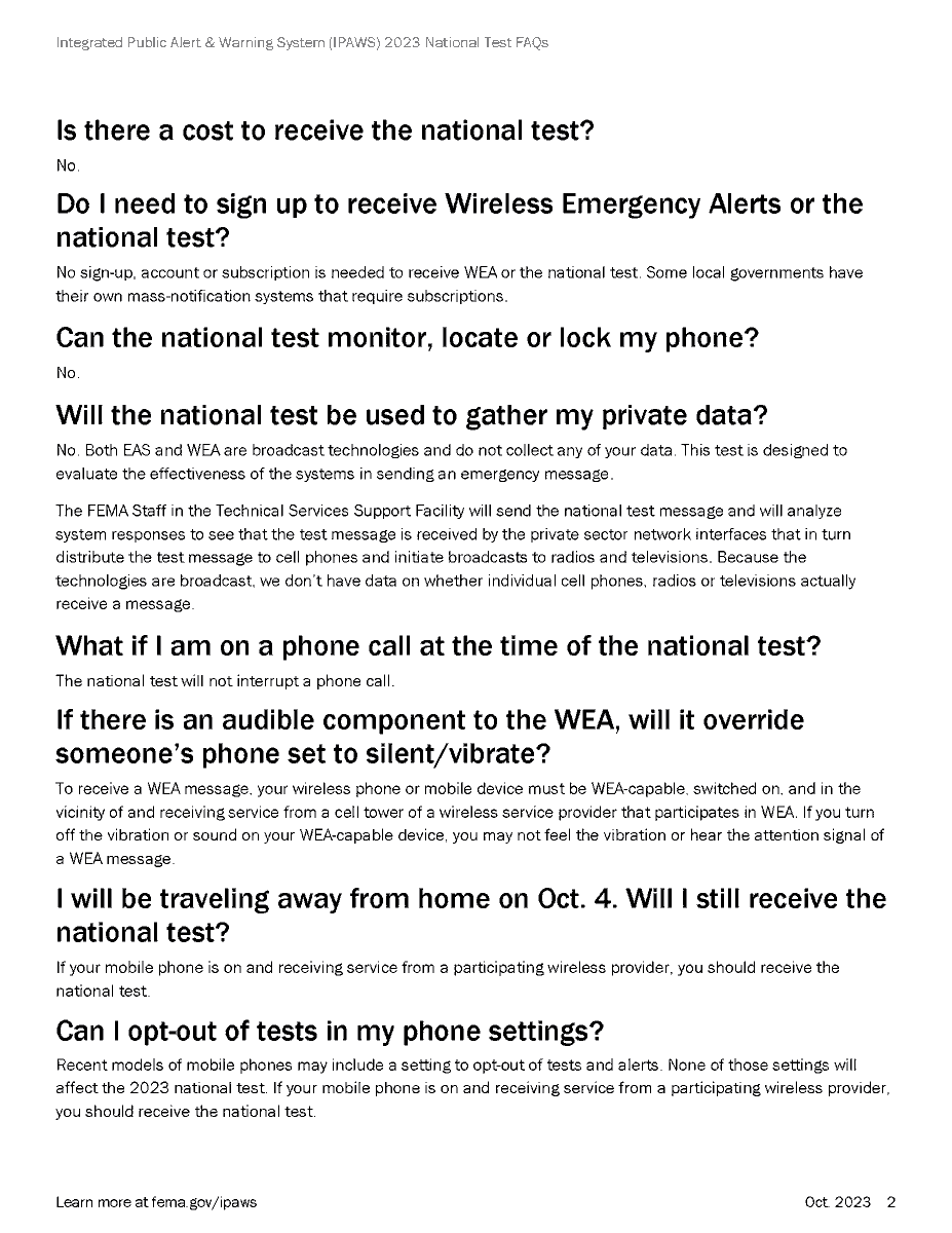 fema's tweet photo. SOON: The nationwide emergency alert test will begin at 2:20 p.m. ET. Wireless providers will transmit the national test for 30 minutes, but your phone should only receive it once.

Frequently Asked Questions ⤵️ https://t.co/BIIFGylQsw