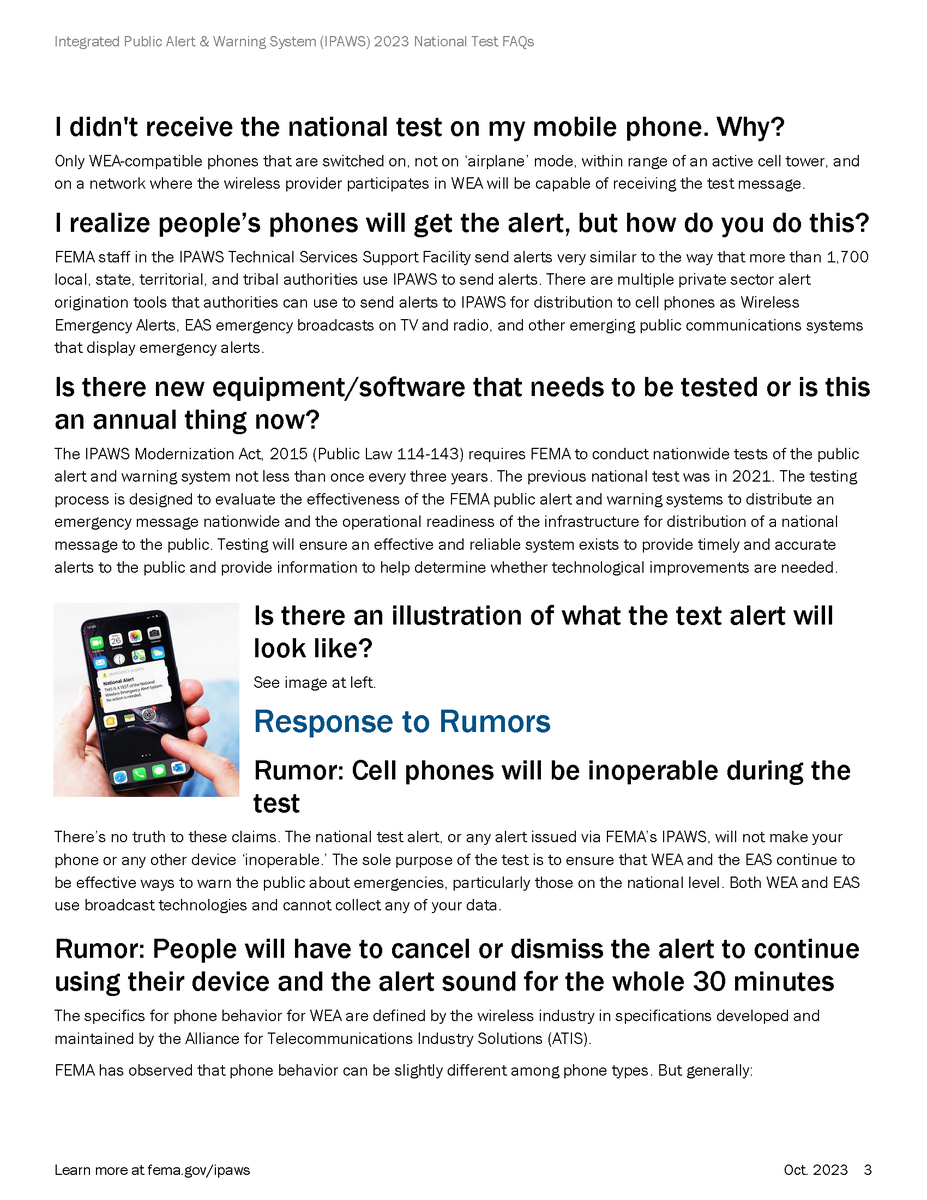 fema's tweet photo. SOON: The nationwide emergency alert test will begin at 2:20 p.m. ET. Wireless providers will transmit the national test for 30 minutes, but your phone should only receive it once.

Frequently Asked Questions ⤵️ https://t.co/BIIFGylQsw