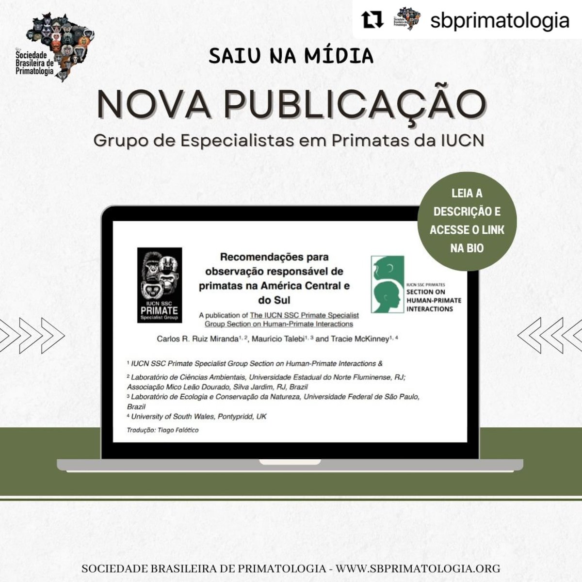 Soc. Brasileira de Primatologia (@sbprimatologia) on Twitter photo Tem novidade na área 🤩
O @peopleprimate (IUCN) publicou, na seção “Interações entre Humanos e Primatas”, um artigo sobre recomendações para observação responsável de primatas na América Central e Sul 🌎🐒
…imateinteractions.files.wordpress.com/2023/09/recome…
#SBPr #primatologia #primatologiabrasileira Tem novidade na área 🤩
O @peopleprimate (IUCN) publicou, na seção “Interações entre Humanos e Primatas”, um artigo sobre recomendações para observação responsável de primatas na América Central e Sul 🌎🐒
…imateinteractions.files.wordpress.com/2023/09/recome…
#SBPr #primatologia #primatologiabrasileira