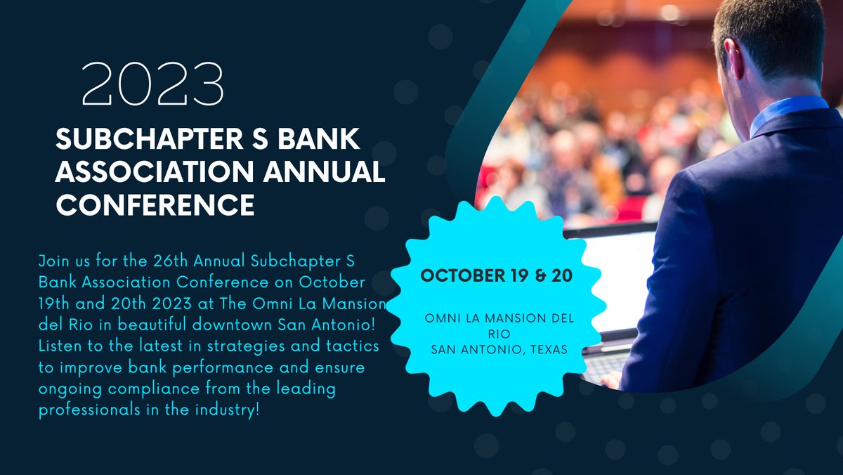 KSLLP's tweet photo. Don't miss your chance to register for the Subchapter S Bank Association 26th Annual Conference! October 19-20, 2023, at the beautiful Omni La Mansion del Rio on the San Antonio Riverwalk! See the latest agenda updates now!
https://t.co/s8lJYfTp21 https://t.co/wo3GlFyMSj