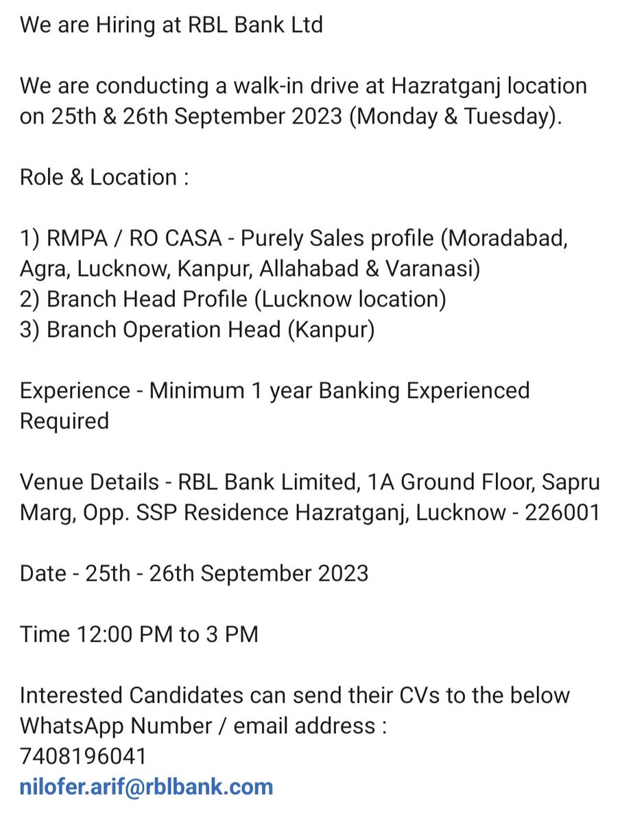 lucknowjob's tweet photo. Send your resume on given email id 🔥🎯
.
.
.
.
#ljs #lucknowjobseekers #lucknowjob
#lucknow #job #jobs #jobsearch #hiring #employment #recruitment #jobseekers #career #jobvacancy #jobopening #vacancy #recruiting #work #jobseeker #jobhunt #jobopportunity #careers #resume https://t.co/x1NXGxvUxJ