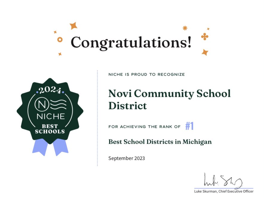 NCSD has been ranked the No.1 school district in Michigan for the second straight year. Niche also ranked NCSD 35th among best school districts in America. #NoviPride
