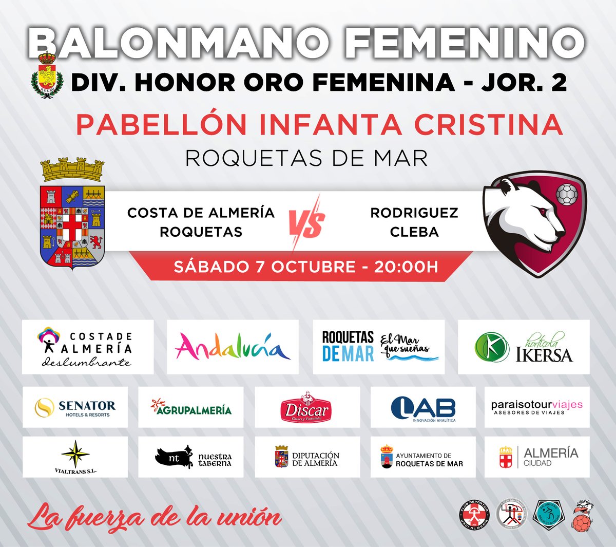 ¡DEBUTAMOS EN CASA! <a href="/Costa_Almeria/">Costa de Almería</a> disputa su primer encuentro en casa tras el ascenso a División de Honor Oro en la segunda jornada de liga ante el @RodriguezCleba 

No te pierdas este partidazo en el Infanta Cristina este próximo sábado a partir de las 20:00h

¡Vamos Almería!