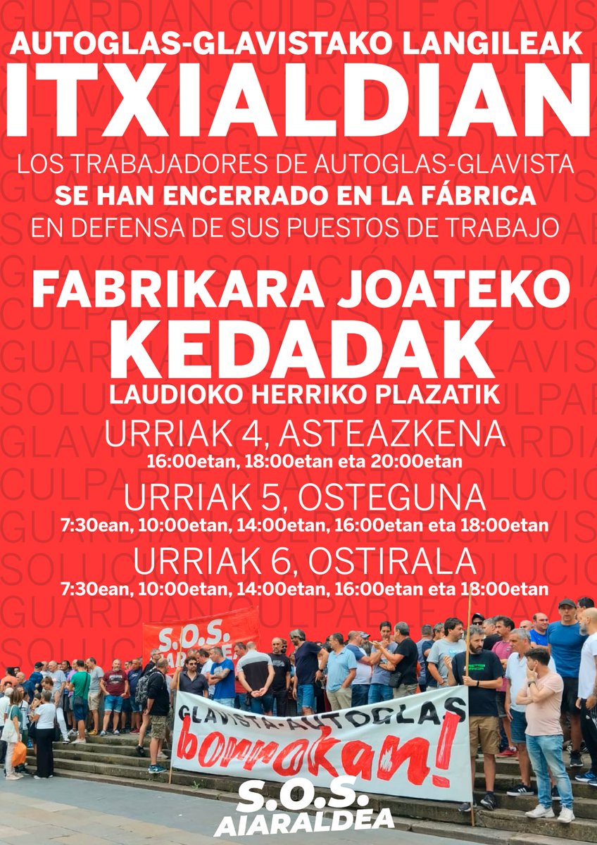 LABaiara's tweet image. 🏭Glavista-ko langileek itxialdiari ekin diote enpresan
🔗labur.eus/UyQXY

🏭Trabajadores de Glavista inician un encierro en la empresa
🔗labur.eus/Jvn4d

#EnpleguarenDefentsan
#GlavistaEzItxi
#SOSaiaraldea

@guardianglass culpable!

Batu mobilizazioetara!✊