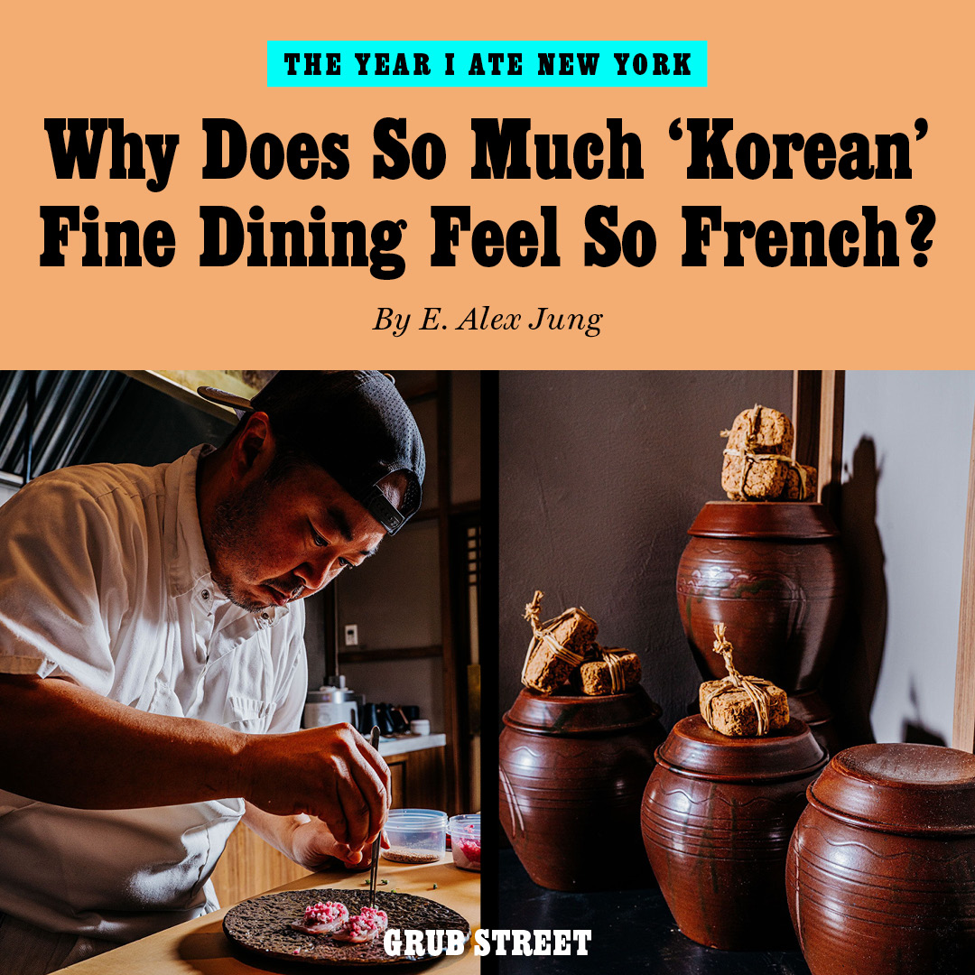 grubstreet's tweet photo. In some of the city's most celebrated kitchens, familiar Korean dishes or ingredients are spun through the deconstructive impulses of molecular gastronomy and French technique. 

@e_alexjung wonders why this has become the norm: https://t.co/t7TCzueRj9 https://t.co/BgAHtGQ78z