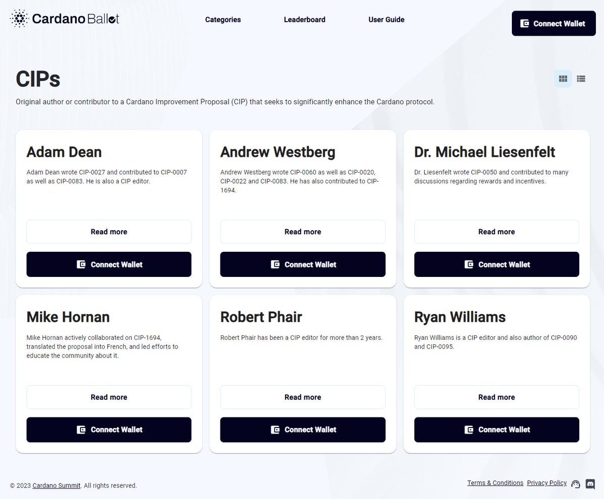 I had no idea I was even nominated for something @Cardano_CF #Summit2023. FWIW, I co-authored CIP-27, assisted with CIP-20 and CIP-83, wrote CIP-88, and CIP-99, and Cardano FUDS (as yet unnumbered) :) Good luck to all the great nominees on here!