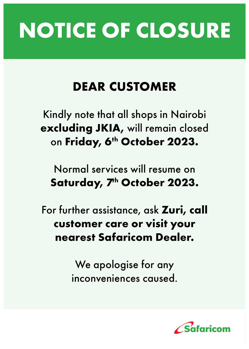 SafaricomPLC's tweet photo. Customer Notice https://t.co/FGaCVO75Dh