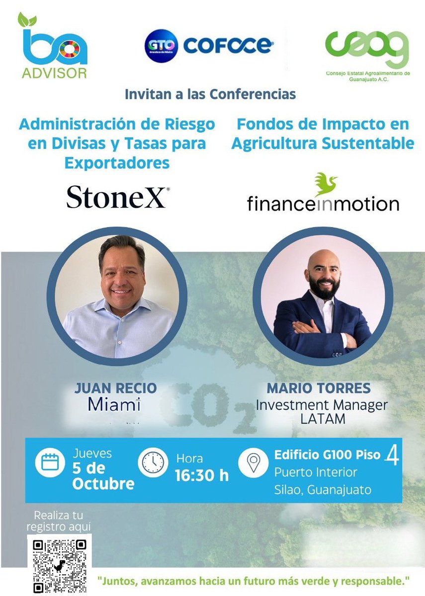 Asista este 5 de octubre en Guanajuato a la presentación “Administración de Riesgo en Divisas y Tasas para Exportadores” que dará Juan Recio, de StoneX Markets LLC, en la conferencia de la COFOCE, IBA y el Consejo Estatal Agroalimentario. Regístrese aquí: ms.spr.ly/60119UGWZ