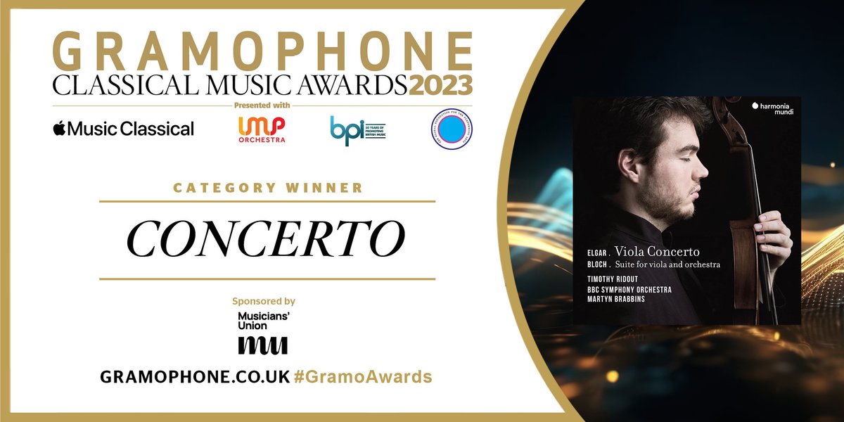 The Concerto Award, sponsored by the Musicians' Union, goes to Timothy Ridout's album for Harmonia Mundi pairing Elgar’s Cello Concerto transcribed for viola with Bloch's Suite for viola and orchestra @BBCSO @RidoutTimothy @wearethemu @harmoniamundi #GramoAwards