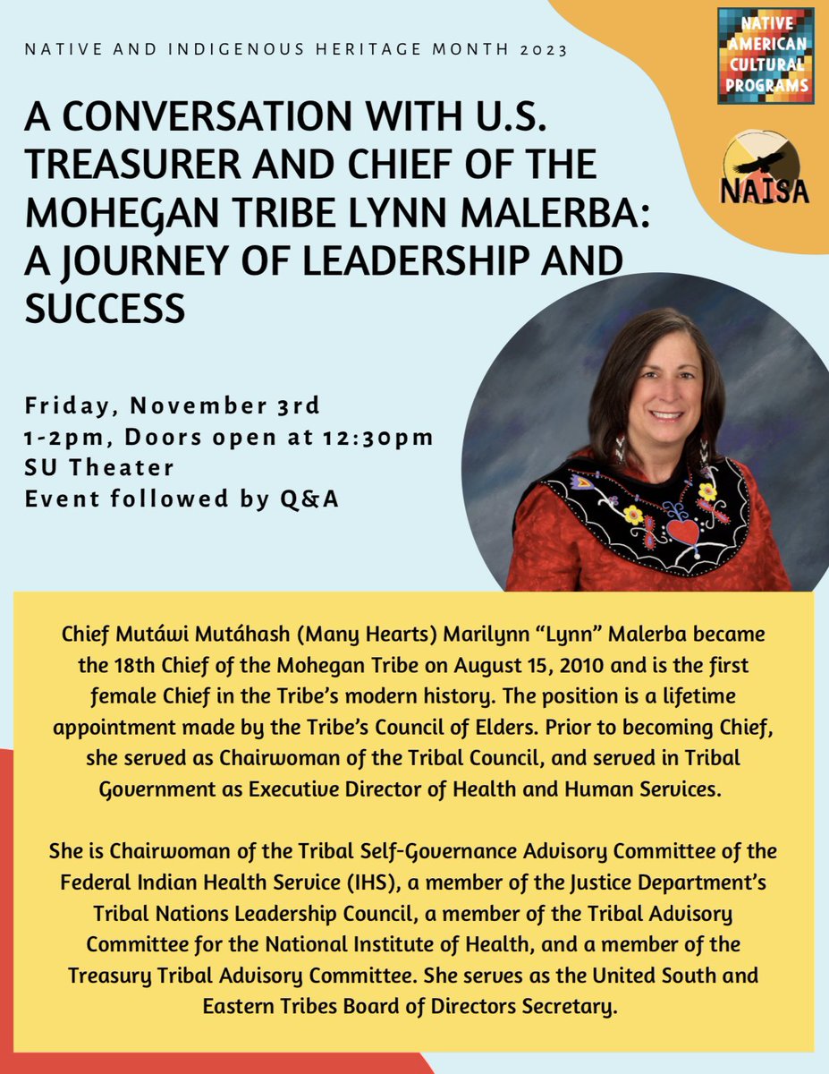We are excited to share that U.S. Treasurer and Chief of the Mohegan Tribe Lynn Malerba will be joining us during Native and Indigenous Heritage Month 2023! Save the date and join us! #uconnnacp #IndigenizeUConn