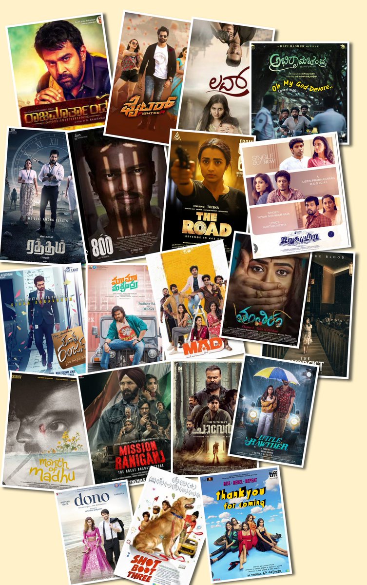 This week 5-6th Oct worldwide releases with 50+ release acr #Rajamartanda #Figther #love #Abhiramachandra #Raththam #800TheMovie #TheRoad #Irugapatru #RulesRanjann #MaamaMascheendra #MAD #Tantiram #MonthOfMadhu #MissionRaniganj #Chaaver #dono #LittleMissRawther #ThankYouForComing