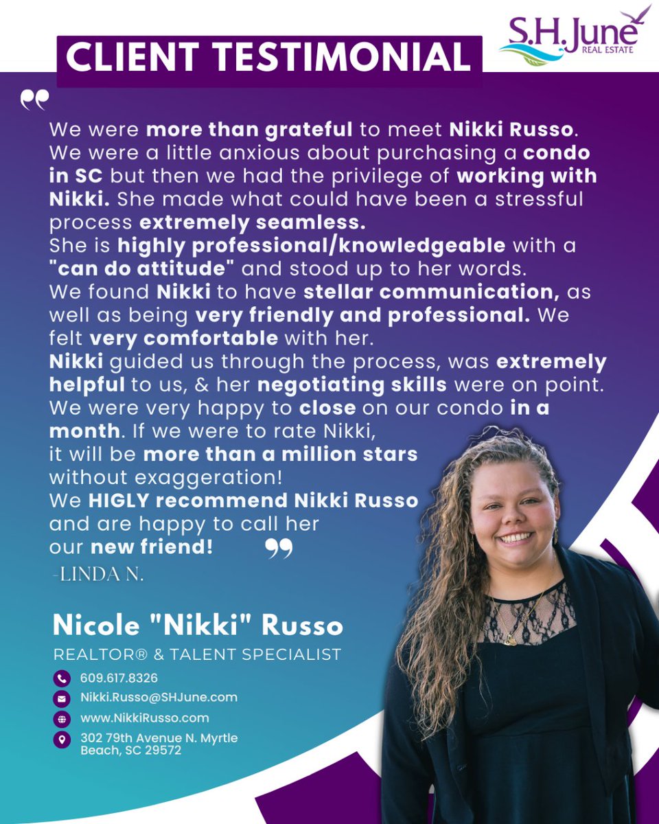 shjunerealty's tweet image. Behind A Happy Client is Nikki Russo's Expertise! 🌟 
This testimonial showcases the magic our Realtor brings to the real estate journey!
#SHJuneRealEstate #screaltor #testimonial #realestateexpert #ClientAppreciation #realtortestimonial #buyingahome #realtorreview #scinvestment