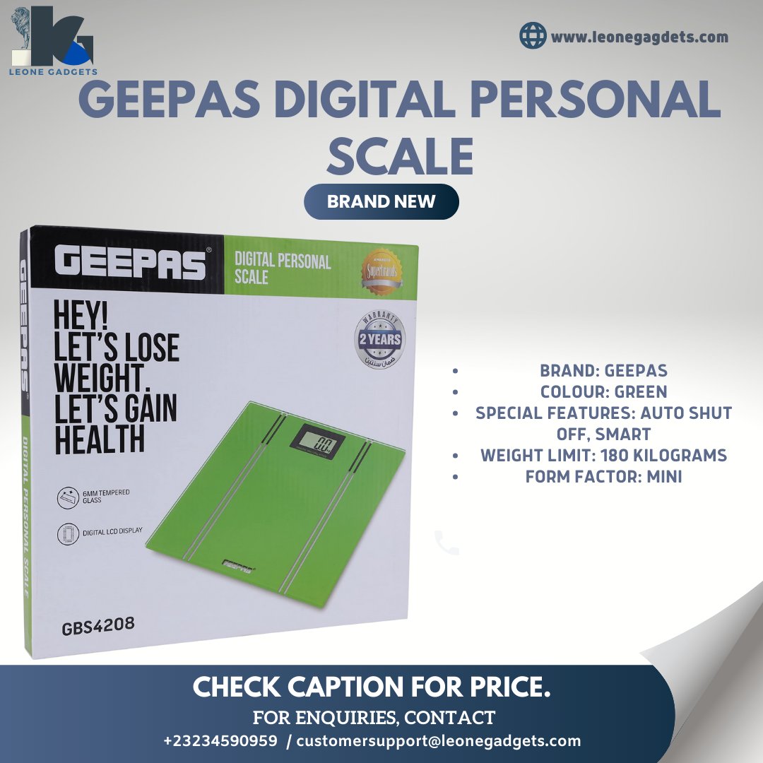 Geepas Digital Personal Scale
Price: 650 Leones

Easy Read Display, Large Platform for More Foot Room, Step-On for Instant Weight Reading, Max Capacity 150 kg | 6mm Tempered Glass, Auto Off & Zero | 2 Years Warranty

#ModernHealth
#LeoneGadgets
#DigitalWeighing