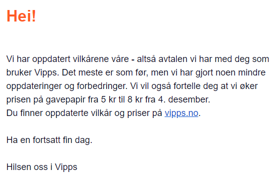 Ravn69's tweet photo. #Vipps øker prisen på gavepapir fra 5kr til 8kr. Det er 60% det.. :o #DNB https://t.co/pXVaTDSU5R