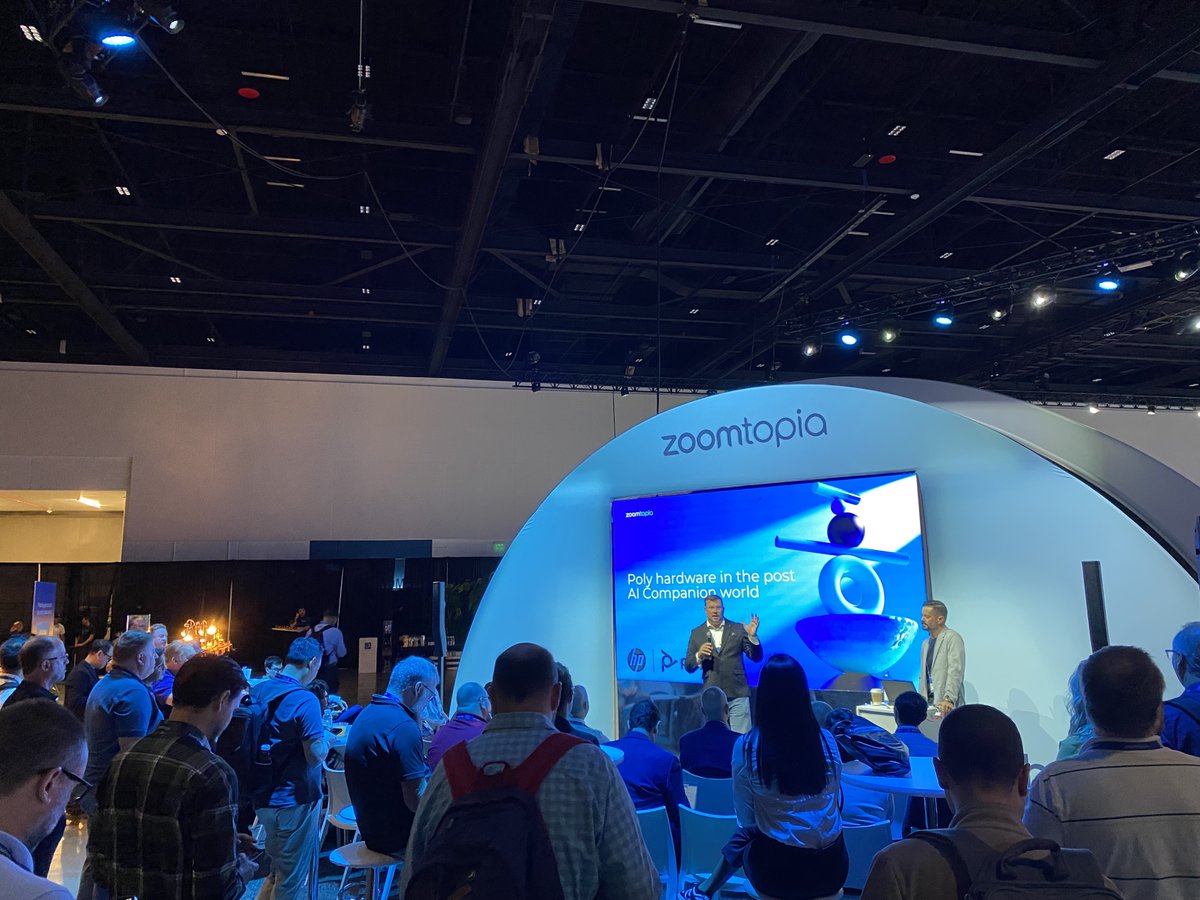 PolyCompany's tweet photo. Great turn out today at #Zoomtopia for our theater session, "Poly Hardware in the Post AI Companion World." 

Our experts loved getting to talk about technology that solves common hybrid workplace problems. #HybridWork 

What stood out for you? Drop it in the comments! 👇 https://t.co/1zquTzTaMi