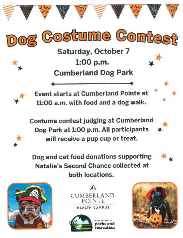 We need fur babies! Come share your fur babies with our residents, costumes acceptable but not mandatory. Come enjoy hot dogs and drinks before we take a walk to the dog park at 501 Kalberer Rd. for award ceremony 1:00 !